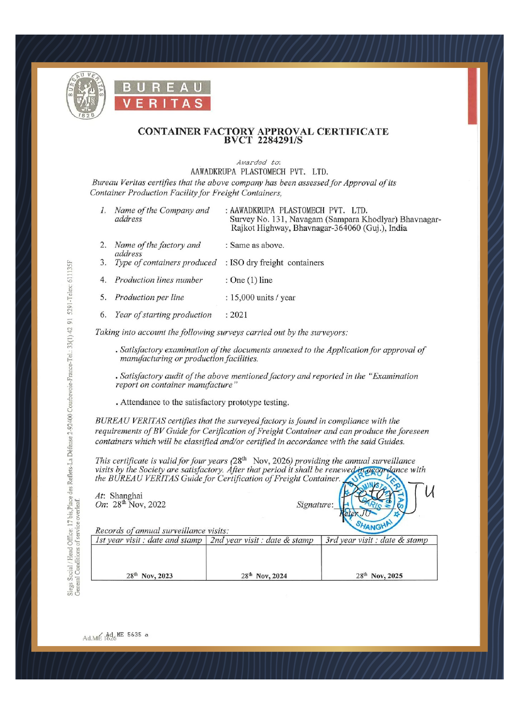 BV Certificate for factory approval